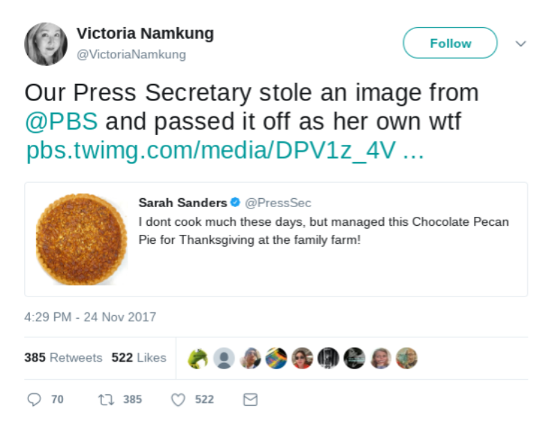 One of the tweets sent out today accusing White House Press Secretary Sarah Huckabee Sanders of stealing a photo of a pie (Twitter)